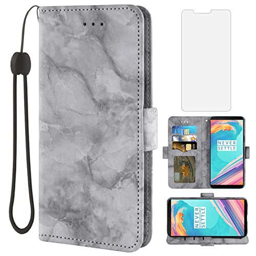 Asuwish Phone Case for OnePlus 5T with Screen Protector and Marble Wallet Cover Flip Card Holder Slot Stand Cell Accessories OnePlus5T A5010 One Plus5T 1 Plus T5 1plus One+ + 1+ 1+5T Women Men Black