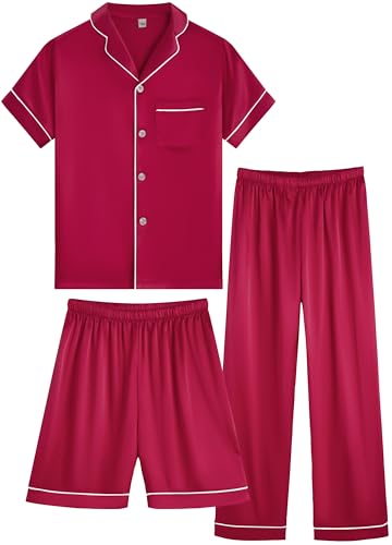 OEIU Girls Boys Silky Satin Pajamas Set 3 Pcs for Kid Children Silk pjs Set Sleepwear Button-up Nightwear Wine Red 150