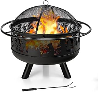 COSTWAY 77cm Large Fire Pit Bowl, 2 in 1 Wood Burning Firepit Brazier with Cooking Grill, Spark Guard and Fire Poker, Round Metal Log Heater Burner for Outdoor BBQ Camping Party