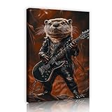 Arte pared en lienzo nutria roca, impresiones guitarra animales, póster música, pintura mural divertida, obra arte estilo retro para decor estudio sala estar, marco interior 80x125cm