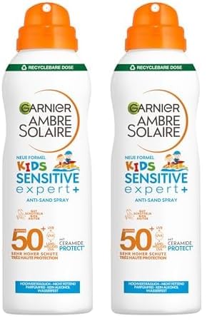 Garnier Sonnenspray LSF 50 für Kinder, Wasserfest und Sandabweisend, Ambre Solaire Kids Sensitive expert+ Anti-Sand Spray LSF 50+, 1 x 150 ml (Packung mit 2)