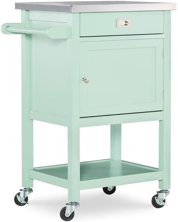 Riverbay Furniture Mesa de cocina con ruedas de madera de pino con ruedas de acero inoxidable, con un cajón y un estante en verde claro