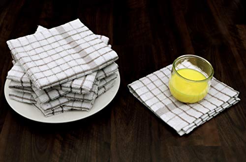 Amour Infini Grid Terry Dish Cloth | Set Of 8 | 12 X 12 Inches | Low Lint, Super Soft And Absorbent |100% Cotton Dish Rags | Perfect For Household And Commercial Uses | Beige #TOP2