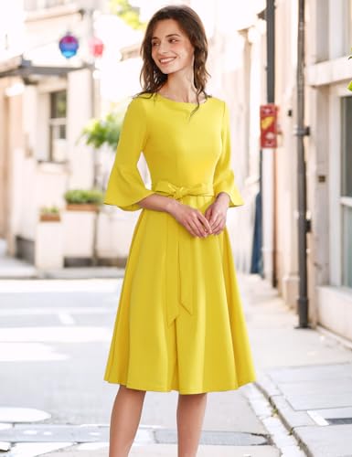 Image of HomRain Women's Church Dresses Modest Bell Sleeve Wedding Guest Cocktail Tea Party Vintage Evening Dress