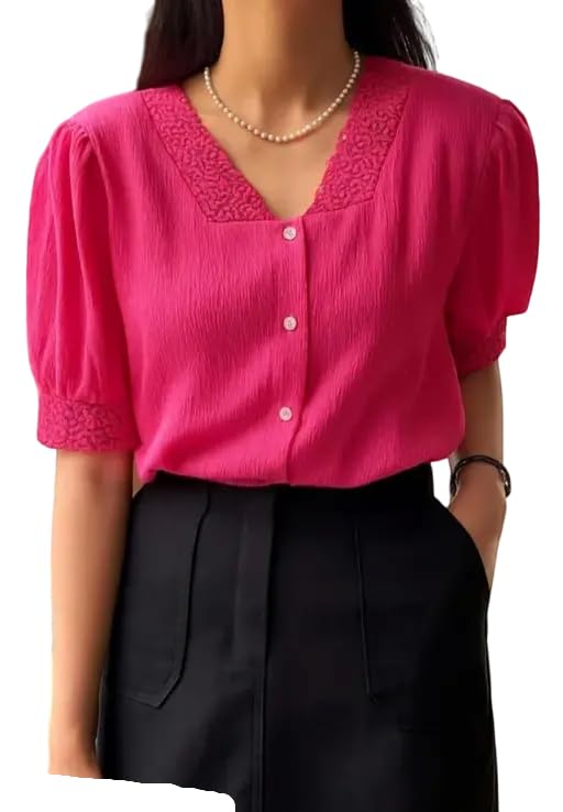 Women's Dark Pink Lace Collared Puff Sleeves Shirt-picture-25