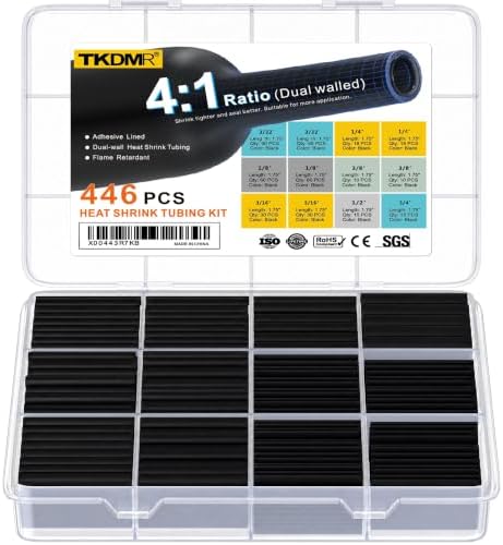 TKDMR 446 Pcs Heat Shrink Tubing Kit - 4:1 Ratio Adhesive Lined, Marine Grade Shrink Wrap - Industrial Heat Shrink Tubing,Black