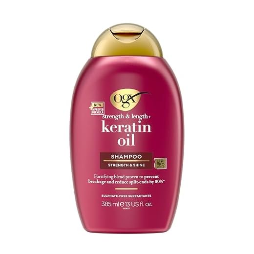 OGX Keratin Oil Shampoo (385 ml), kräftigendes Anti-Haarbruch verhindert nachweislich Haarbruch und reduziert Spliss um bis zu 80%, Haarpflege mit Keratin Öl für strapaziertes Haar