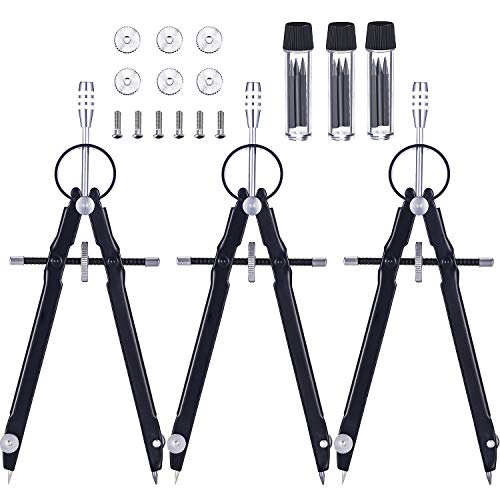 3 Pieces Math Compass Metal Geometry Compass for Math, Drafting, Drawing Student Compass with Spare Refills and Screws (Black)