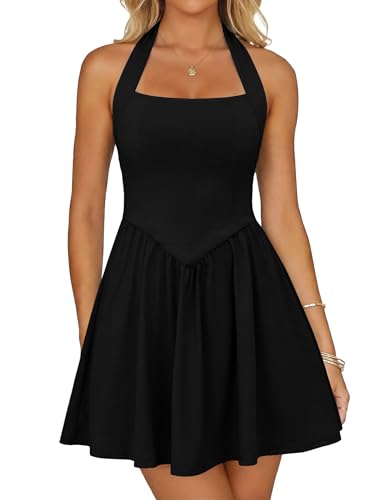 Zelroxa Womens Summer Black Halter Square Neck Sleeveless Mini Short Dress 2026 Cute A-line Flowy Cocktail Party Graduation Dresses Trendy Outfits