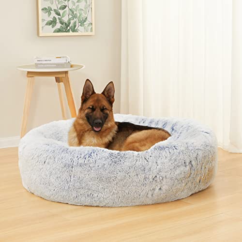 Image of Bedfolks Calming Donut Dog Bed - 45 Inches Round, Plush for Extra Large Dogs, Anti-Anxiety, Washable & Non-Slip (Light Blue, Extra Large)