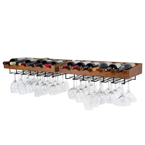 brightmaison Wine Rack Wall Mounted - Hanging Bottle Glass Holder - 12 Bottles and Stem Wine Glass Stemware Rack Wood Walnut