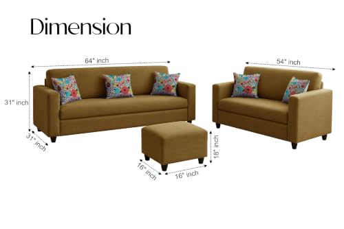 Image of Rosebell 3+2 Fabric Sofa Set with Ottoman | Premium Upholstery 5-Seater Sofa | with Printed Cushions | Living Room Furniture |Golden-Color
