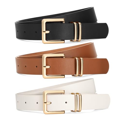 SANSTHS 3 PACK Women Leather Belts for Jeans Pants Dresses Fashion Ladies Waist Belt with Gold Square Buckle,Black Brown Beige,XL
