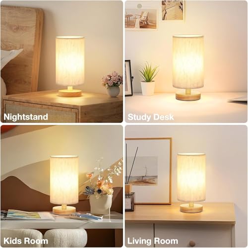Image of XERGY USB Powered Wooden Base Table Lamp with Linen Fabric Shade | Modern Bedside Night Lamp | Warm White Soft Ambient Lighting | Compact Light for Bedroom, Living Room, Home Decor & Gifting