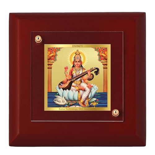 Cadre photo Saraswati Mata plaqué or idée cadeau spirituel et bénédiction