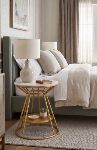 Image of Crown Art Crown Art SHOPPEE Elegant Gold Accent Side Table | Premium Marble Finish Round End Table with Storage Shelf | Modern Coffee Table, Bedside Table, Nightstand for Living Room & Bedroom
