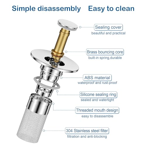 2 Pack Pop Up Bathroom Sink Stopper, Universal Bathroom Sink Drain Strainer with Removable Anti-Clogging Filter Basket, Bathroom Drain Stopper for 1.1\"-1.3\" Basin Drain Holes - Thumbnail 3