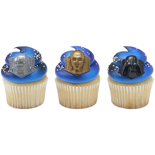 STAR WARS Cupcake Rings, 24 Cupcake Toppers Featuring Darth Vader, C-3PO, And R2-D2, 3D Food Safe Cake Toppers by DecoPac&ndash; 24 Pack