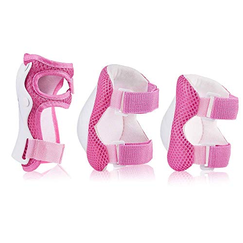 Kids Sports Protective Gear, Children Knee Pads Elbow Pads Wrist Guards Set for Skating Cycling Bike and Other Outdoor Sports (Pink) - Thumbnail 3
