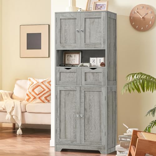 Image of TEENFON 57.8 inch H Tall Storage Cabinet with 2 Drawers & 2 Adjustable Shelves, Bathroom Storage Cabinet with 4 Doors, Floor Cupboard, for Living Room, Dining Room, Entryway, Woodgrain Gray