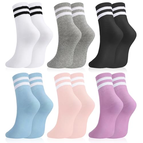Utensilsto 6 Paare Socken Herren Damen, 39-42 Sportsocken Tennissocken Streifen Baumwolle Sport Socken für Damen Herren, Schwarz, Grau, Weiß, Blau, Lila, Rosa