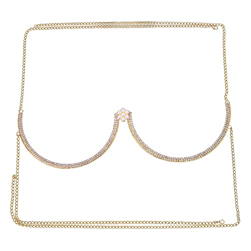 Women Rhinestone Chest Bracket Flower Pendant Bikini Crystal Chest Bracket Chain Rhinestone Underwear Body Chain Jewelry (Gold) #TOP2