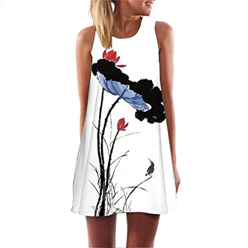 Harrystore 2017 Vintage Boho Vestido de Verano de Las Mujeres Calientes sin Mangas Vestido de Playa Impreso Mini Vestido Corto (M, Blanco)
