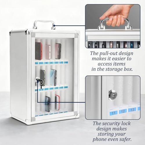 Gemsaya Handy Aufbewahrungsschrank, 24 Slots Aluminiumlegierung Handygarage mit Schlüssel & Griff, Tragbar oder Wandmontierbar Handytresor für Klassenzimmer Büro Prüfung