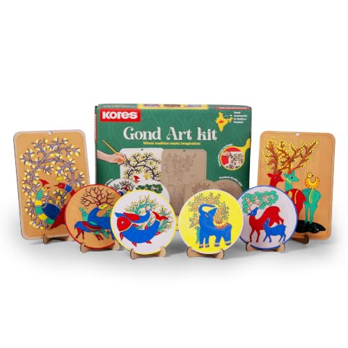 Image of Kores Gond Art Kit for Kids | DIY Indian Folk Art Painting Kit | 4 Illustrated Coasters + 2 Wall Hangers + Stands | Acrylic Colours, Sketch Pens, Brushes & Manual |