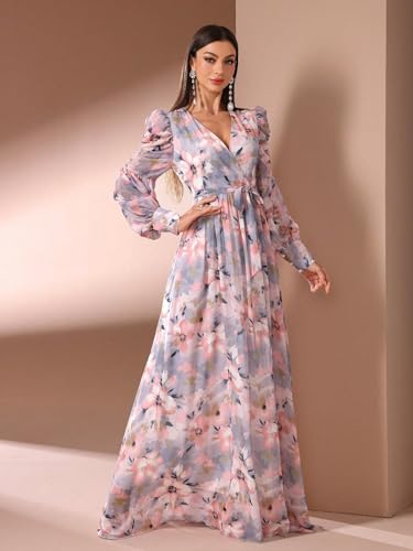Image of TOLEEN Summer Casual Dresses for Women 2024 Spring Fashion Boho V Neck Long Sleeve Ruffle Floral Print Elegant Maxi Dress