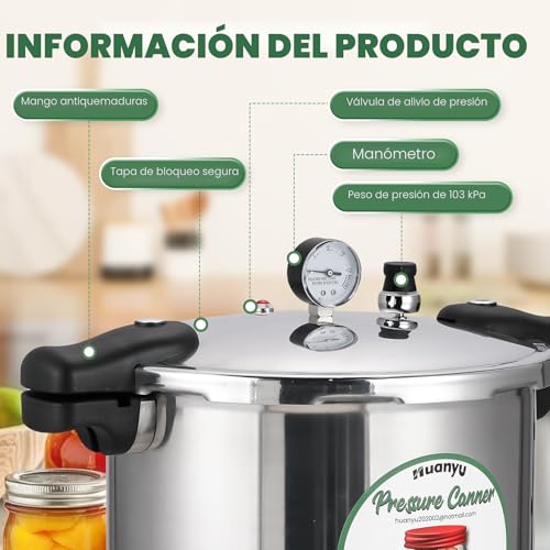Miniatura 5 de Huanyu Olla A Presión 22l Con Manómetro Y Peso De Presión 15psi Esterilizador De Latas Con Base De Aleación Compatible Con Cocinas De Inducción Y Gas Conservas A Presión