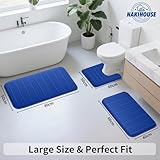 NAKIHOUSE 3 Piece Non-Slip Bath Mat Set, Luxury Thick Memory Foam Bathroom Rugs, Water Absorbent Soft Shower Mat Machine Washable Toilet Mat for Bathroom Floor,Blue - Image 2