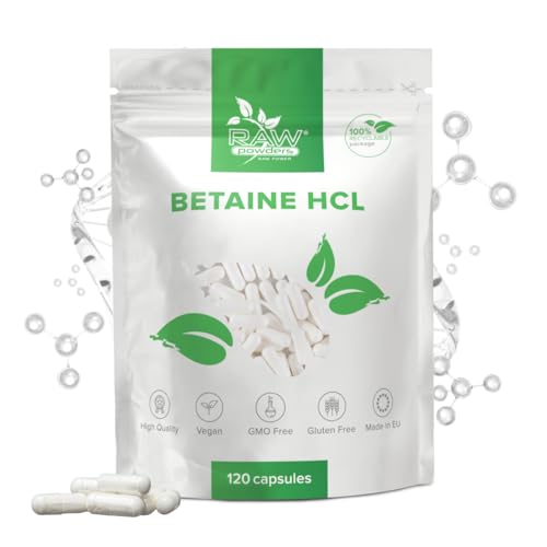 Betain HCL 650mg, 120 Kapseln – Unterstützung für Verdauung & Magen Gesundheit – Reine Zutaten, GMO- & Glutenfrei – GMP-zertifiziertes Nahrungsergänzungsmittel von Raw Powders