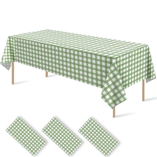 3 Pack Sage Green Gingham Disposable Tablecloth Checkered Table Cover