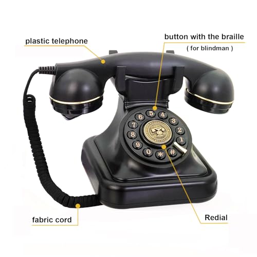 Telefone fixo retrô para casa, TelPal com fio preto antigo. Telefone antigo com botão de pressão dos