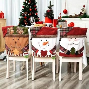 Cute Christmas Chair Covers, Colorfast Christmas Themed Chair Covers Set of 6, Santa Claus Snowman Reindeer Xmas Dinner Chair Back Cover for Kitchen Dinning Room Holiday Party Decor (4PCS-A)