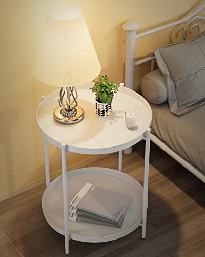 Eknitey 2 Tier End Table - Metal Side Table Waterproof Small Sofa Coffee Side Tables Bedroom Indoor Outdoor With Removable Tray For Living Room Bedroom Balcony And Office (White) #TOP1