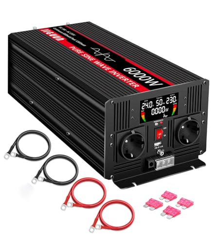 JIGUUN 6000W Inverter 24v 220V onda pura Trasformatore con 2 prese EU e una porta USB 2.4A Telecomando senza fili e display LCD Potenza di picco 12000W per camion camper emergenza