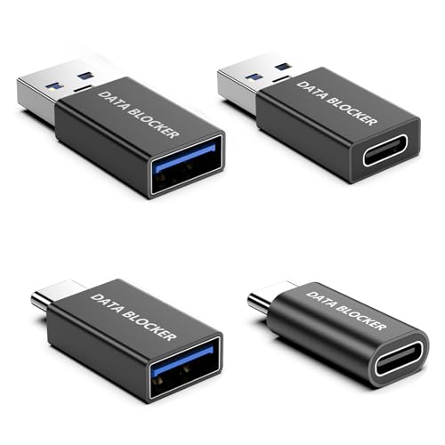4 Kinds of USB Data Blocker Adapter USB C Data Blocker for iPhone 15 16 17 and for Android Phone or for ipad A to A & A to C & C to C & C to A Only for Charge Protect Against Juice Jacking (Black)