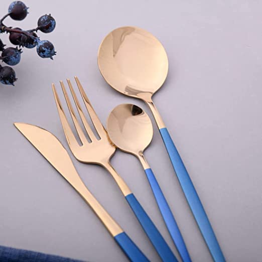 Image of aDai Premium Gold SUS304 Stainless Steel Cutlery Set - 8 Spoons, 4 Fork, 4 Steak Knife - Mirror Finish Dinnerware Flatware (Blue - Set of 16)