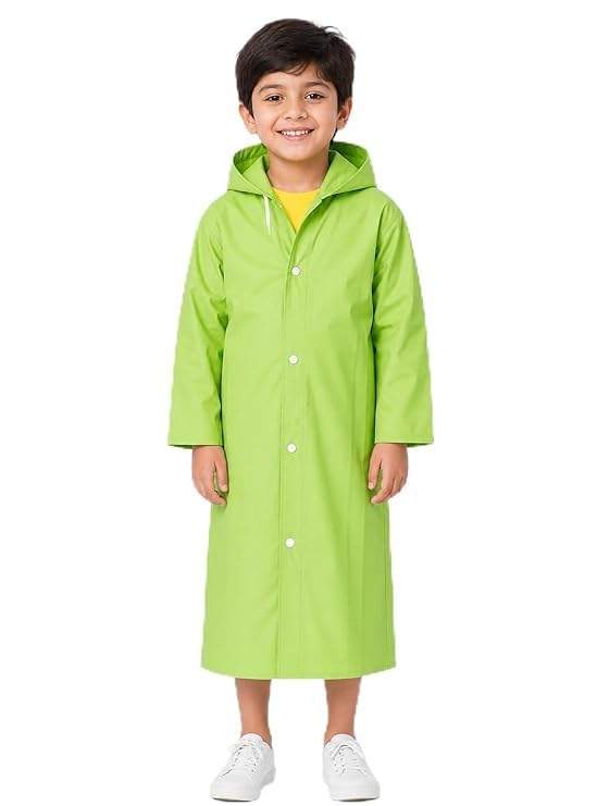 Image of W+ Kids Waterproof Raincoat for Boys & Girls | Full Length Hooded Rain Wear | Lightweight PVC Monsoon Rain Coat for Children (Green)