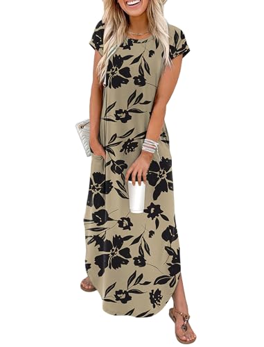WIHOLL Cap Sleeve Crewneck Tshirts Maxi Dresses for Women 2026 Elegant Classy Floral Dress with Pockets Spring Dresses Work Teacher Outfits Vacation Resort Wear M