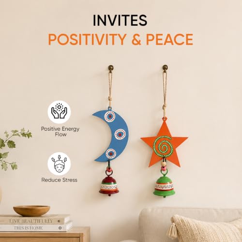Image of Aakriti Art Creations Celestial Moon & Star Wind Chime Duo | Handmade Modern Art Wooden & Metal Wind Chimes | Decorative Indoor & Outdoor Hanging for Balcony, Garden, Living Room & Gifting