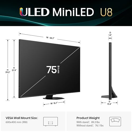 Image of Hisense 75 inch Class U8 Mini-LED ULED 4K UHD Google Smart TV (75U8QG, 2025 Model) - QLED, Native 165Hz, VRR 288, Up to LD5600, 5000 Nits, HDR10+, Dolby Vision IQ . Atmos, IMAX Enhanced, 4.1.2 Ch Audio