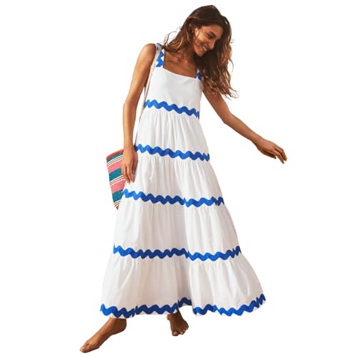 IDOPIP Women's Casual Tiered Dress Lady Summer Flounce Long Maxi Dress Spaghetti Straps Loose Sundress Sleeveless Holiday Beach Party Outfit Weeding Guest Ruched Swing Dress Blue White L