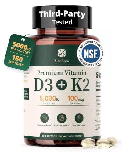 BienRaíz Vitamin D3 K2 5000IU, All-Trans MK-7 100mcg, 180 Softgels
