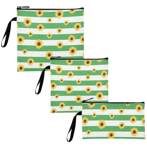 Yoogain Green White Striped Sunflower Pack of 3 Reusable Sandwich Bags Waterproof Food Storage for Candy, fruits, Cereal, Home Organization