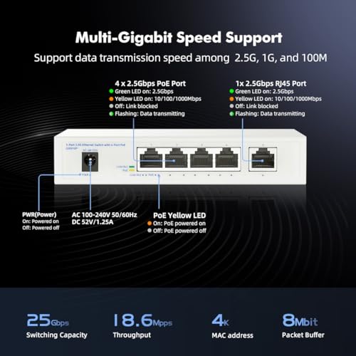 Image of 5-Port 2.5 Gigabit PoE Switch, 4 x 2.5G PoE+ Ports + 1 x 2.5G Uplink, YuLinca 2500Mbps Unmanaged Desktop Switch, IEEE 802.3bz /at /af Compliant, Auto MDI /MDIX, Plug & Play