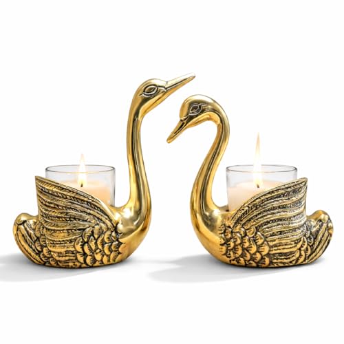 Image of Golden Brass Swan Candle Holder Pair, Decorative Centerpiece for Home Decor, Living Room, Special Occasions, 12 cm and 13.5 cm Height