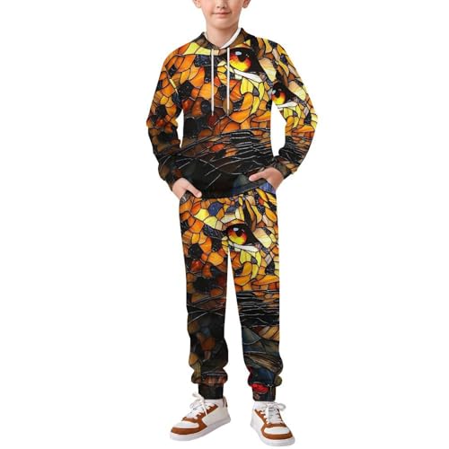 Boys Girls Sweatshirt Set Kid 2 Piece Pullover Hoodie Jogger Sweatpants, Leopard Stained Glass Art
